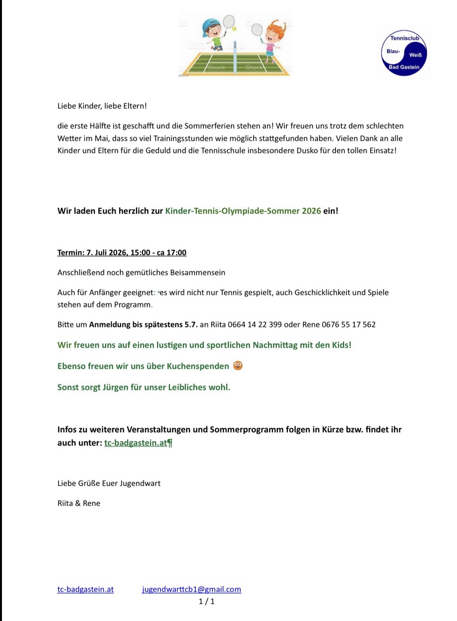 Tennisolympiade 07.07. 15:00-17:00 Uhr